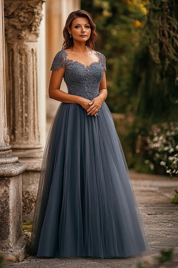 Grey Blue Tulle A Line Cap Sleeves Pleated Long Mother Of Bride Dress